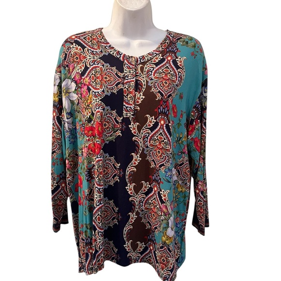 Johnny Was Indi Flower 3/4 Sleeve Henley Shirt Top Floral Paisley Blouse M - Picture 4 of 8